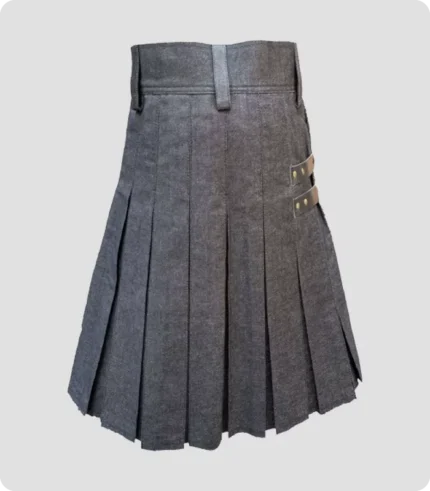 Black Denim Leather Strap Kilt Back