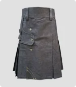 Black Denim Leather Strap Kilt