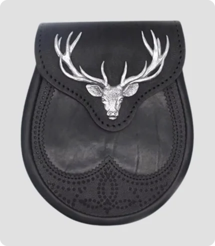 Black Stag Head Designe Leather Sporran