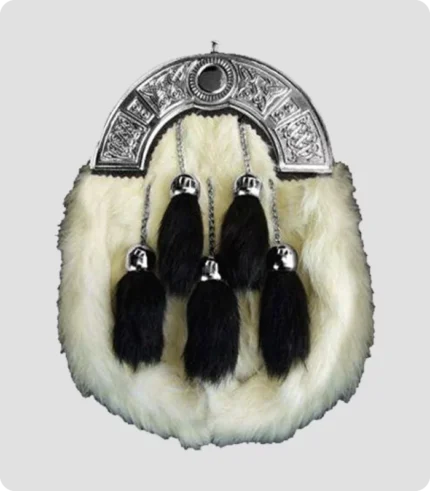 Chrome Celtic Cantle White Rabbit Sporran With 5 Black Fur Tassels