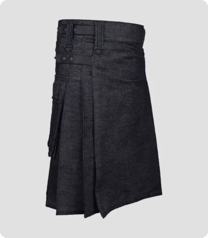 Hand Made Black Denim Utility Kilt Side