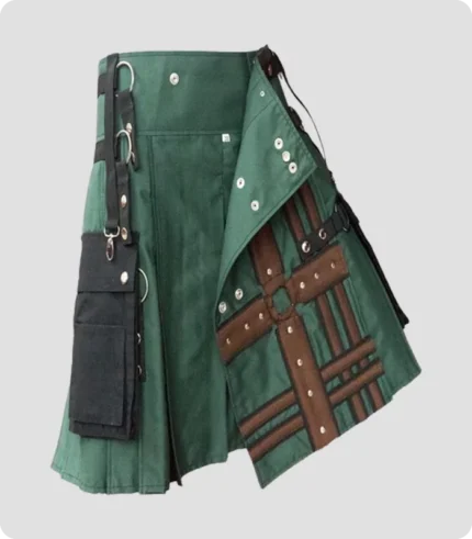 Hunter Green With Brown Medieval Hybrid Kilt Side