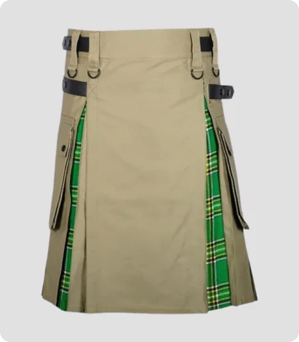 Khaki Cotton Irish Tartan Scottish Utility Cargo Hybrid Kilt