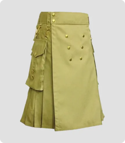 Khaki Utility Kilt With Gold Button