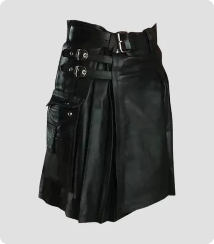 Men Black Leather Kilt